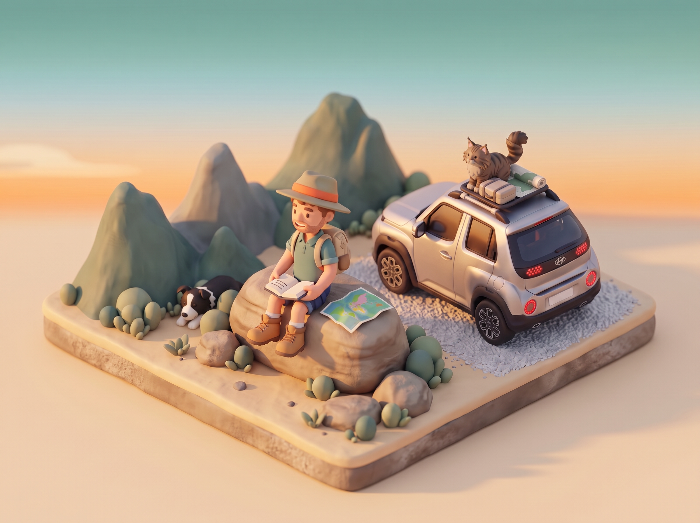 Illustration of Rob sitting on a rock at sunset with an open journal and map, mountains behind and the silver car parked on the gravel nearby. A border collie naps behind the rock and a fluffy tabby cat sits on the car roof.