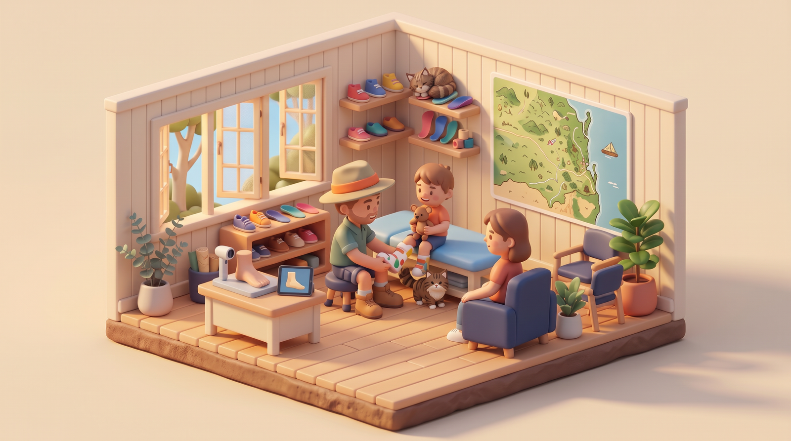 Illustration of Rob fitting a colourful ankle-foot orthosis on a smiling child holding a teddy bear in the Acacia Ridge clinic, with a parent watching. Two fluffy tabby cats are hiding in the room, one asleep on a shelf.