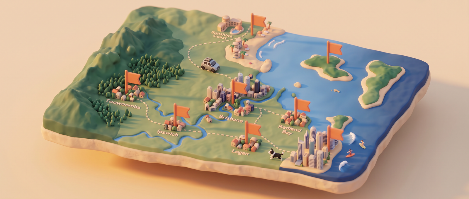 Illustrated map of South East Queensland with orange flags at the Sunshine Coast, Toowoomba, Ipswich, Brisbane, Logan, Redland Bay, Moreton Bay and the Gold Coast, linked by a dotted road with a small silver car driving along it. A tiny border collie is running along the road near Logan.