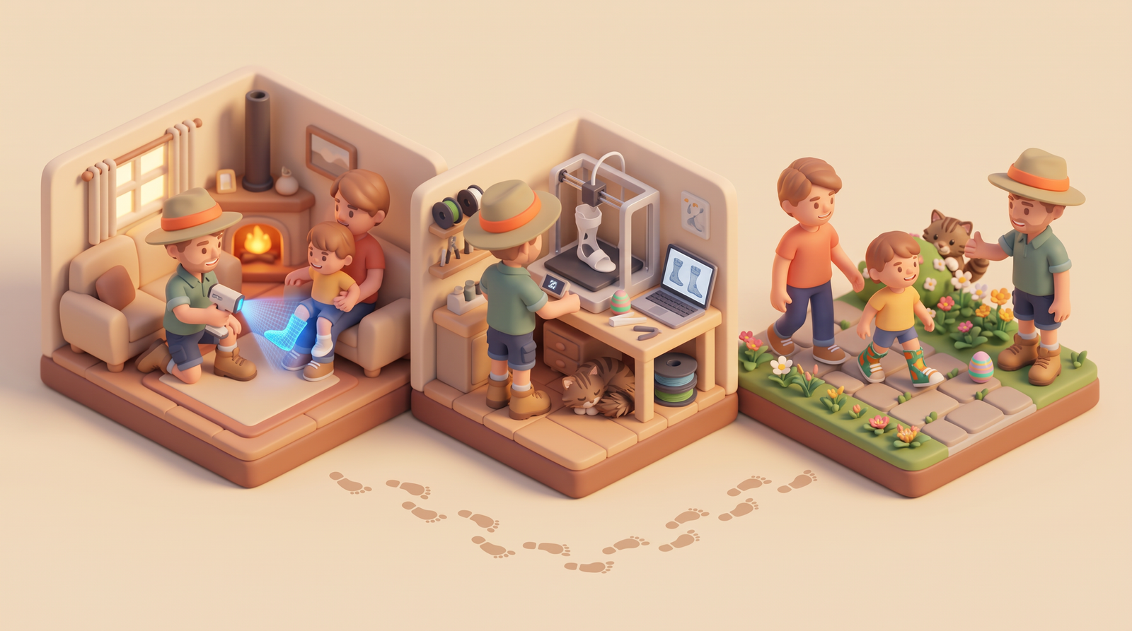 Illustration in three scenes: Rob 3D-scans a young child's foot and leg at home while the child sits on a parent's lap; a 3D printer prints a white ankle-foot orthosis in a small workshop; the child walks happily along a garden path wearing colourful AFOs while Rob gives a thumbs up. A tabby cat naps under the workshop desk and another peeks from a garden bush.