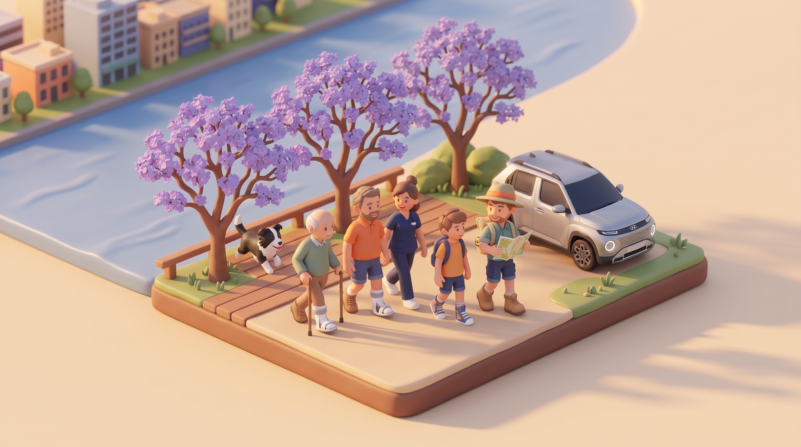 Illustration of an older adult with a walking stick, two adults and a child, each wearing ankle-foot orthoses, walking along a riverside path under jacaranda trees with a physiotherapist and Rob, who holds a map. A border collie trots along the boardwalk behind them.