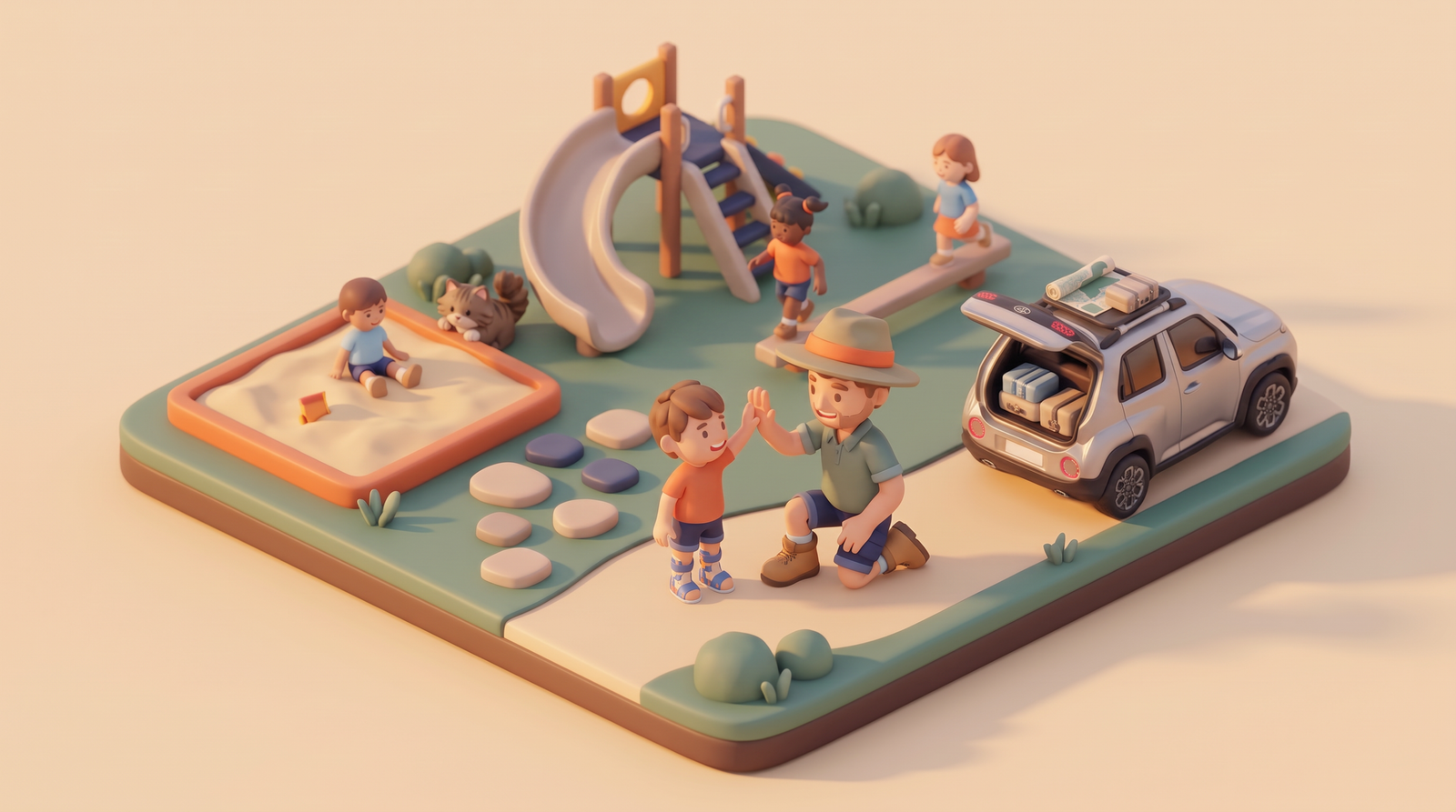 Illustration of Rob kneeling to high-five a young child wearing colourful ankle-foot orthoses in a playground, with other children playing and the silver car parked nearby with its boot open. A fluffy tabby cat peeks over the edge of the sandpit.