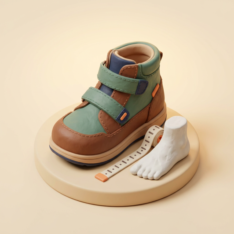 Illustration of a custom-made orthopaedic ankle boot beside a plaster foot cast and measuring tape