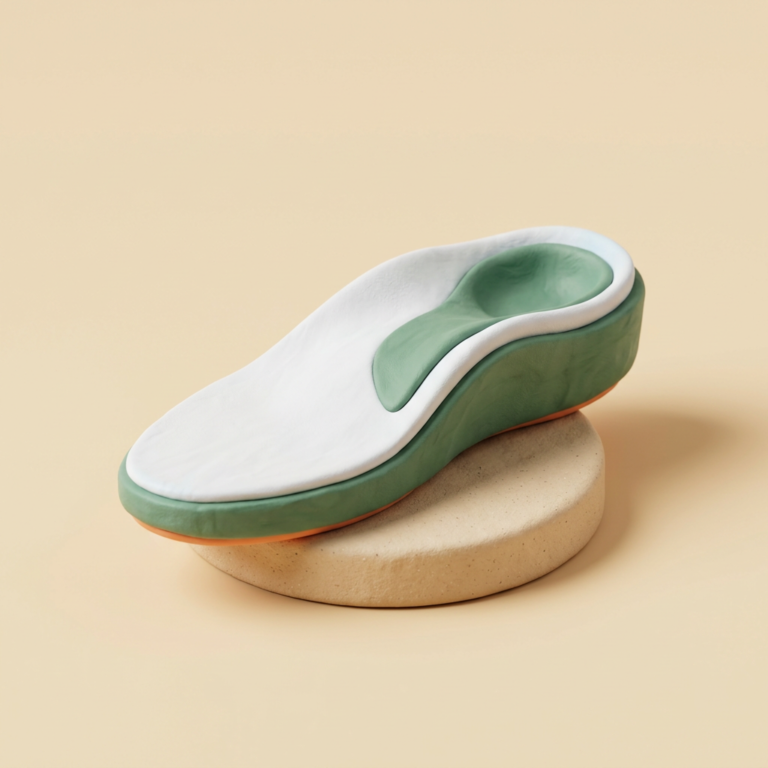 Illustration of a custom foot orthotic insole with arch support and heel cup