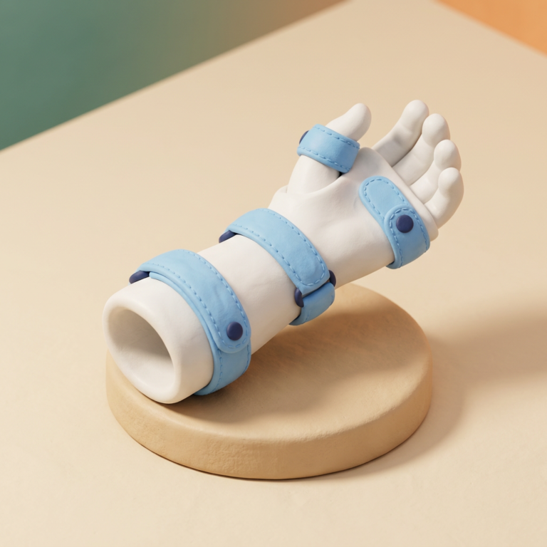 Illustration of a custom thermoplastic hand and wrist splint with blue straps