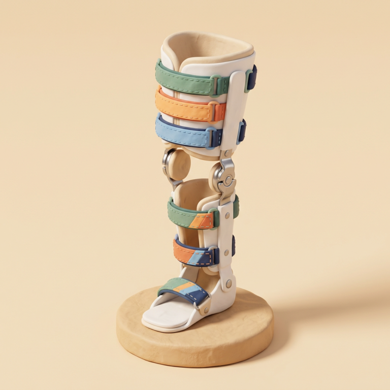 Illustration of a knee-ankle-foot orthosis with thigh cuff, metal knee hinges and ankle-foot section
