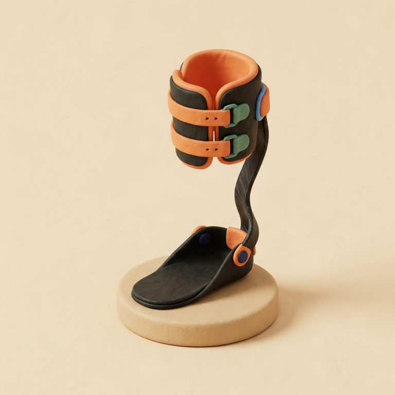 Illustration of a carbon-fibre PDE ankle-foot orthosis with a calf cuff and curved strut