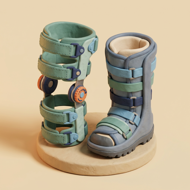 Illustration of a hinged knee brace with adjustable dials next to a walking boot