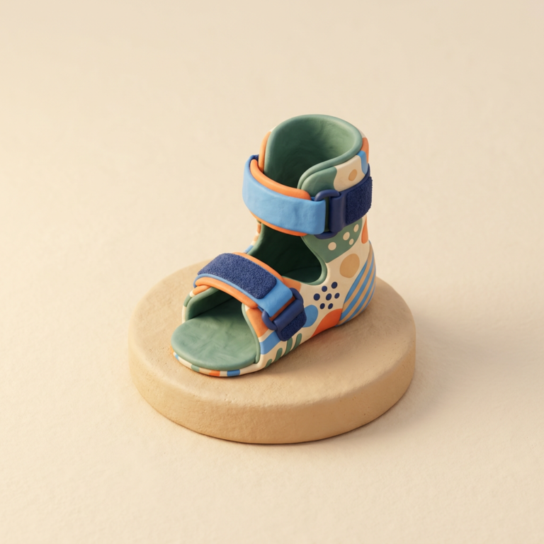 Illustration of a colourful supramalleolar orthosis that finishes just above the ankle